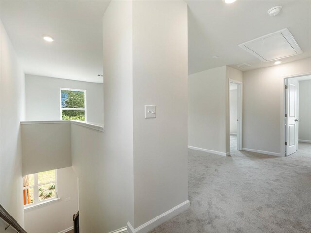 corridor featuring light colored carpet and a healthy amount of sunlight