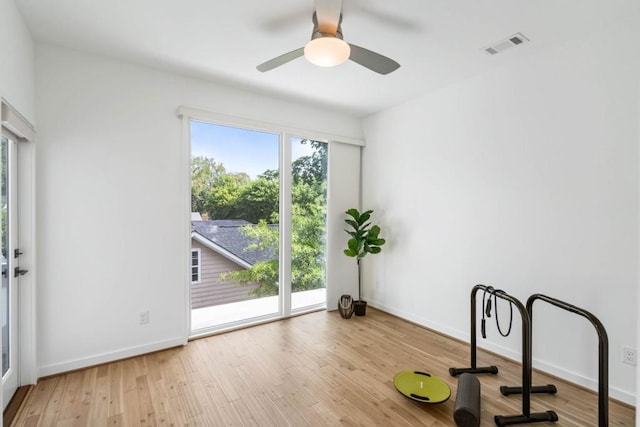 exercise room featuring ceiling fan, light hardwood / wood-style floors, and a wealth of natural light