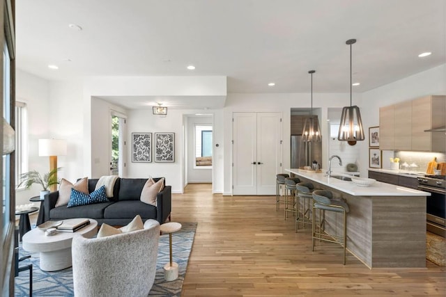 living room featuring sink and light hardwood / wood-style floors