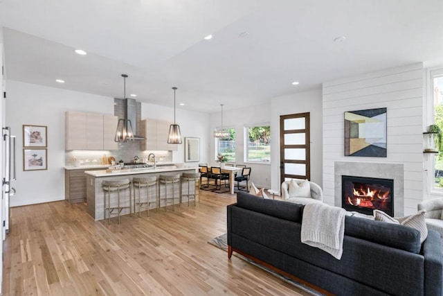 living room with sink and light hardwood / wood-style floors