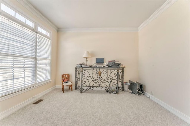 interior space featuring carpet, visible vents, crown molding, and baseboards