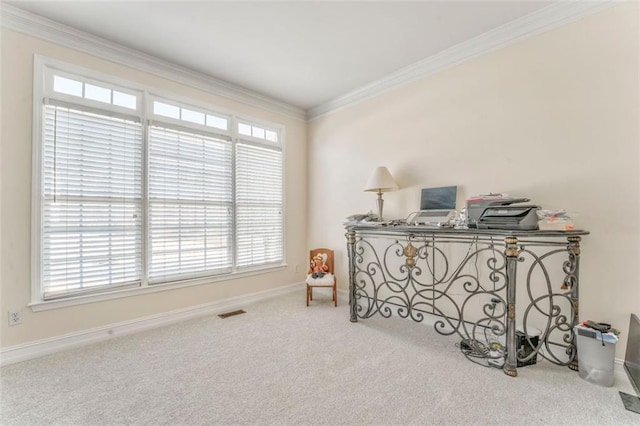 carpeted office space with ornamental molding, visible vents, and baseboards