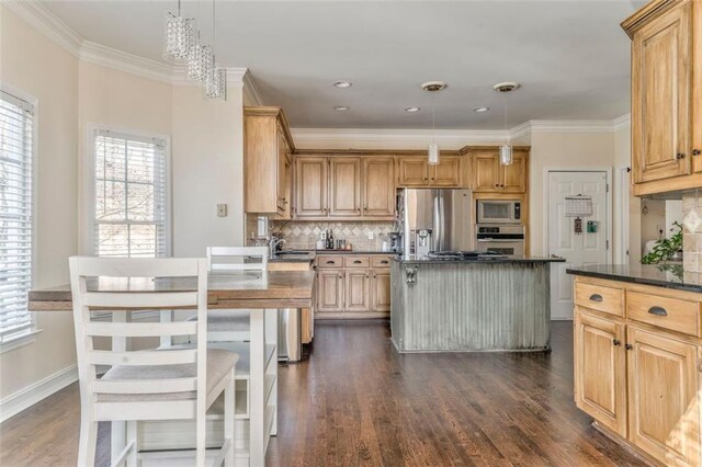 living room featuring a fireplace, wood finished floors, visible vents, ornamental molding, and a wealth of natural light