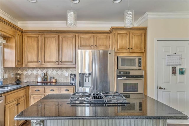 kitchen with tasteful backsplash, appliances with stainless steel finishes, dark stone counters, and a center island