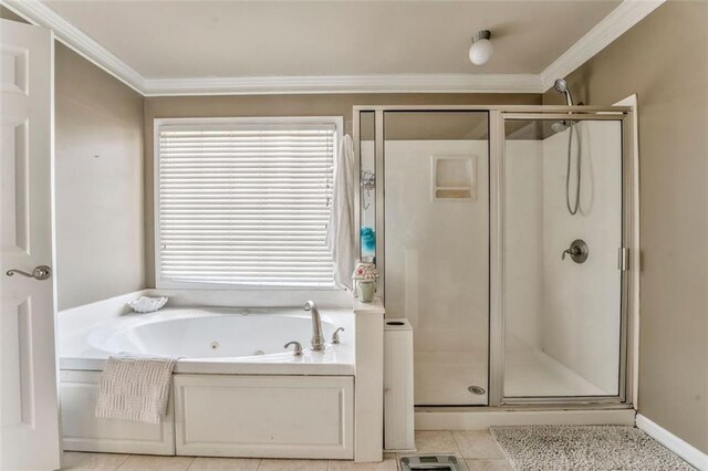 full bathroom with visible vents, ornamental molding, tile patterned flooring, vanity, and a shower stall