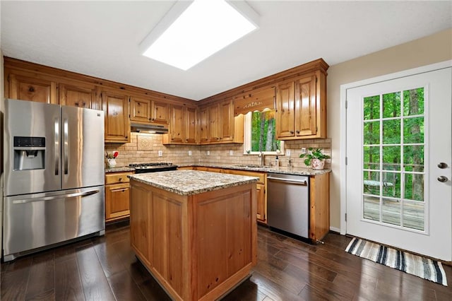 3012 Cypress Cv, Ball Ground, GA 30107 - kitchen featuring stainless steel appliances, dark wood finished floors, under cabinet range hood, backsplash, and a sink