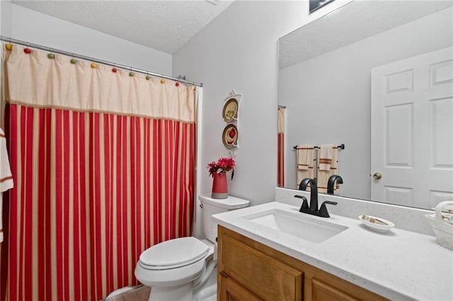3012 Cypress Cv, Ball Ground, GA 30107 - bathroom with a textured ceiling, vanity, toilet, and curtained shower