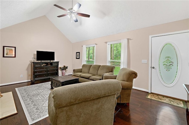 3012 Cypress Cv, Ball Ground, GA 30107 - living area with ceiling fan, lofted ceiling, wood finished floors, and baseboards