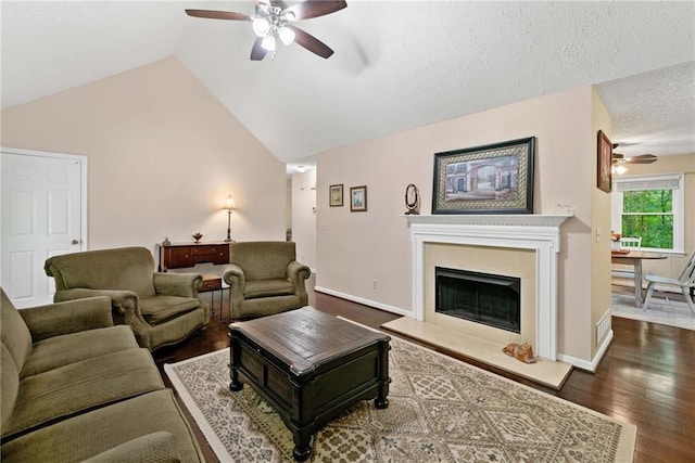 3012 Cypress Cv, Ball Ground, GA 30107 - living area featuring ceiling fan, dark wood-style floors, lofted ceiling, a fireplace with raised hearth, and baseboards