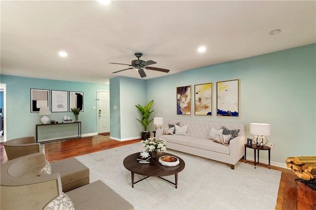 64 Devon Ln, Avondale Estates, GA 30002 - living area with wood finished floors, baseboards, recessed lighting, and a ceiling fan
