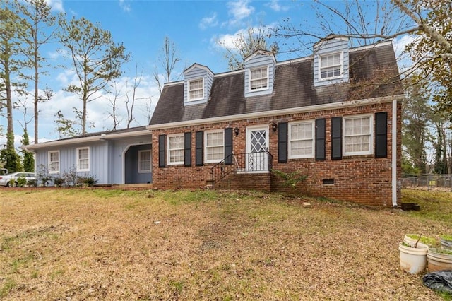 view of front of home with fence, a front yard, a shingled roof, crawl space, and brick siding