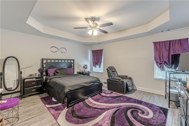 446 Vandenburg Dr, Villa Rica, GA 30180 - bedroom with a raised ceiling, light wood-style flooring, a ceiling fan, and baseboards