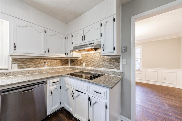 kitchen featuring under cabinet range hood, white cabinets, black electric cooktop, and stainless steel dishwasher