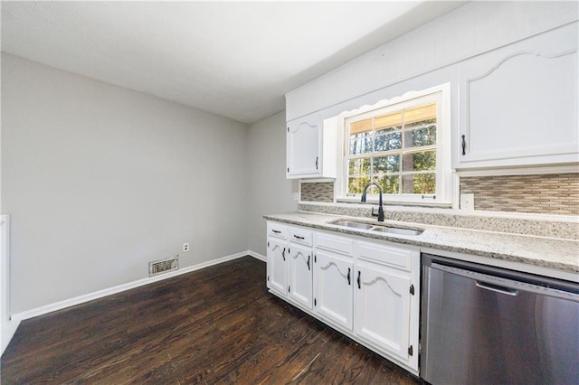 kitchen with visible vents, a sink, stainless steel dishwasher, backsplash, and white cabinets