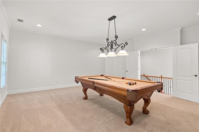 playroom with light carpet, ornamental molding, and pool table