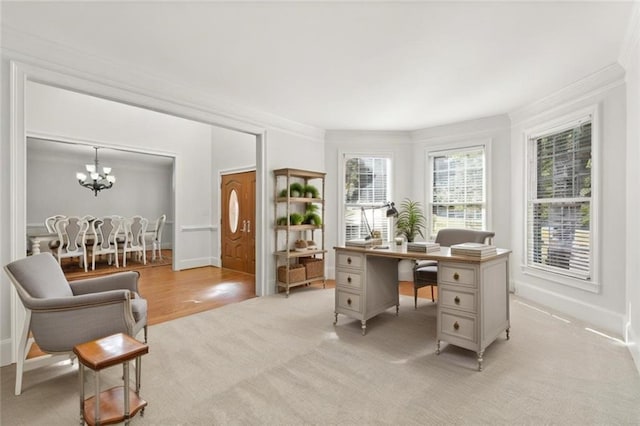 carpeted office with ornamental molding and a chandelier