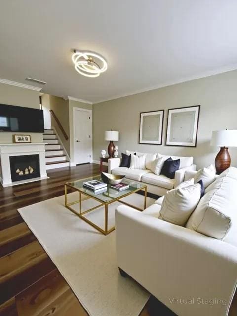 405 Fairburn Rd SW Unit 231, Atlanta, GA 30331 - living area featuring wood finished floors, a fireplace, ornamental molding, and stairway