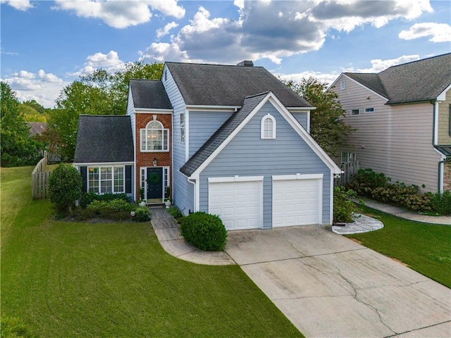 traditional-style house with a garage, brick siding, a shingled roof, driveway, and a front lawn