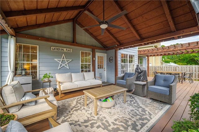 wooden deck with ceiling fan, outdoor lounge area, fence, a grill, and a pergola