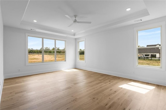 empty room featuring a tray ceiling, light hardwood / wood-style flooring, and ceiling fan