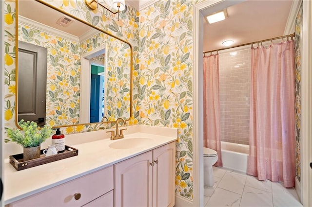 bathroom featuring crown molding, vanity, toilet, and wallpapered walls