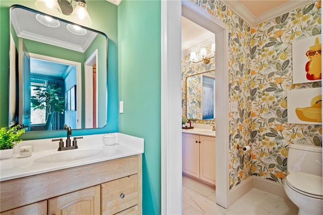 bathroom with toilet, wallpapered walls, ornamental molding, and vanity