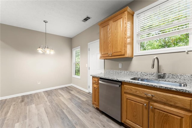 kitchen with a notable chandelier, a wealth of natural light, stainless steel dishwasher, and sink