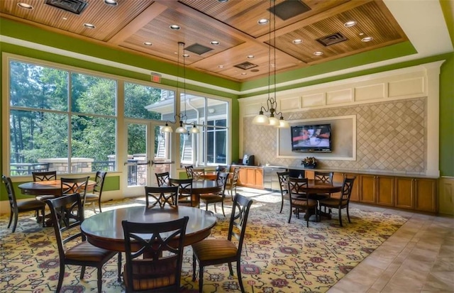 dining space featuring visible vents, coffered ceiling, a chandelier, and wood ceiling