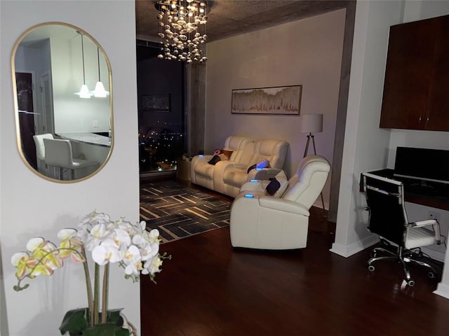 400 W Peachtree St NW Unit 3412, Atlanta, GA 30308 - living area featuring wood finished floors, a chandelier, arched walkways, and a desk