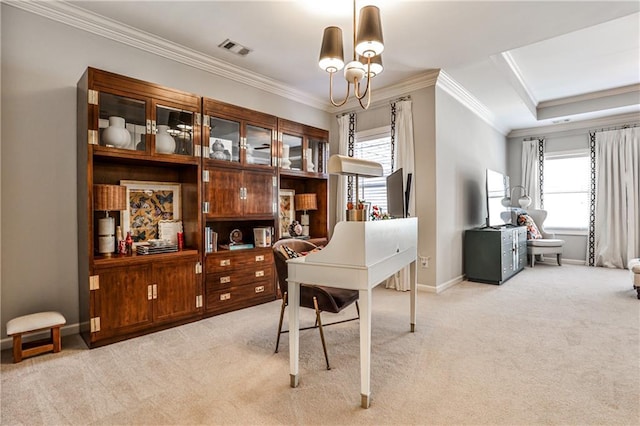 carpeted office with baseboards, visible vents, and ornamental molding