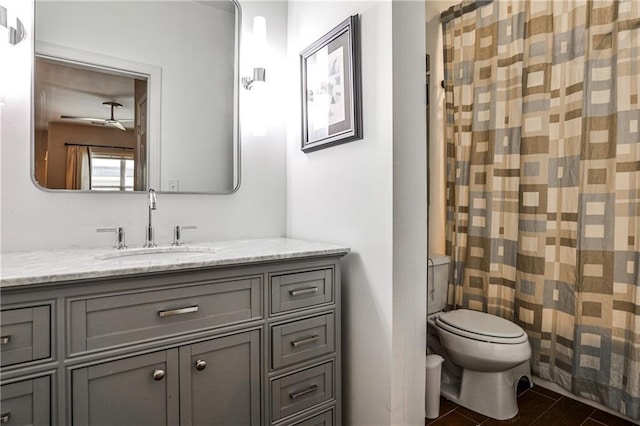 full bathroom featuring vanity, toilet, and a shower with shower curtain