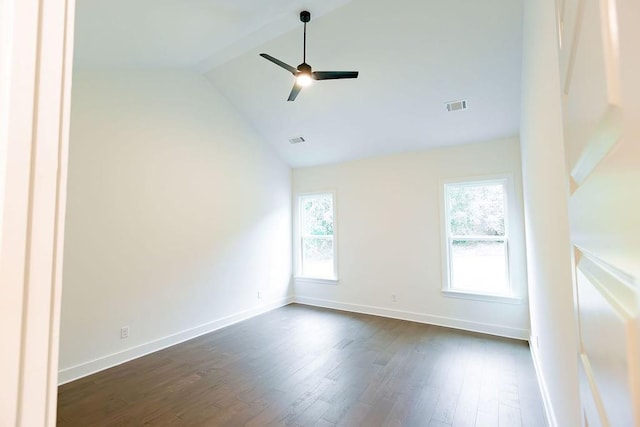 unfurnished room featuring ceiling fan, dark wood finished floors, visible vents, and baseboards