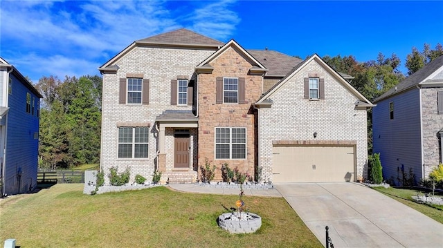 view of front of house featuring a garage, concrete driveway, fence, a front yard, and brick siding