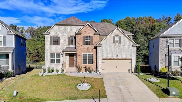 traditional home featuring brick siding, concrete driveway, an attached garage, a front yard, and fence