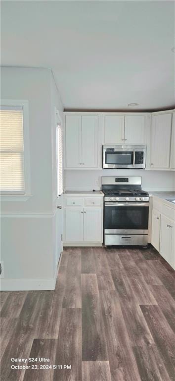 kitchen with dark hardwood / wood-style floors, appliances with stainless steel finishes, a wealth of natural light, and white cabinets