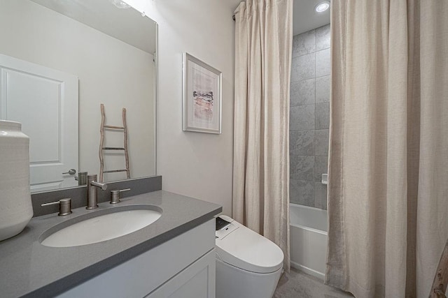 full bath with shower / bathtub combination with curtain, toilet, and vanity