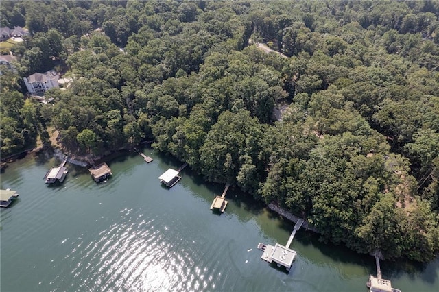 drone / aerial view featuring a water view and a view of trees