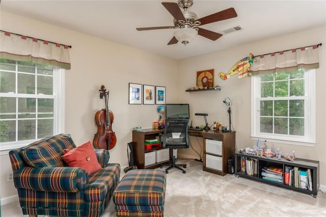 3157 Sawyer Ct NE, Marietta, GA 30066 - office area with baseboards, visible vents, a ceiling fan, and carpet