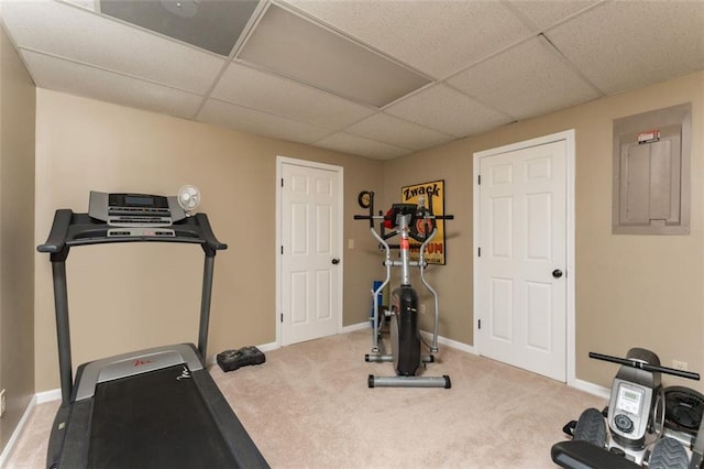3157 Sawyer Ct NE, Marietta, GA 30066 - workout area featuring electric panel, a drop ceiling, carpet floors, and baseboards