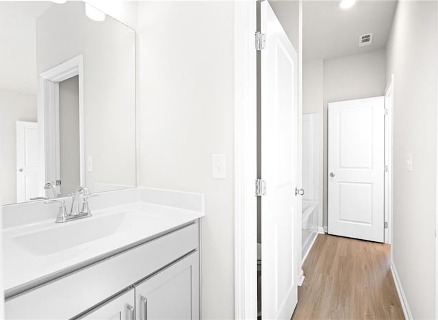 bathroom with hardwood / wood-style flooring and vanity