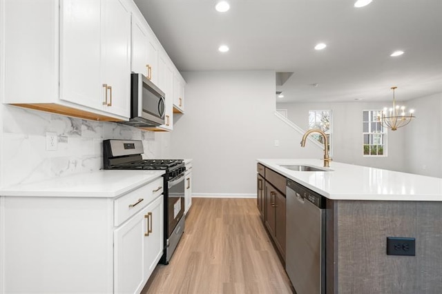 kitchen with sink, hanging light fixtures, light wood-type flooring, white cabinetry, and stainless steel appliances