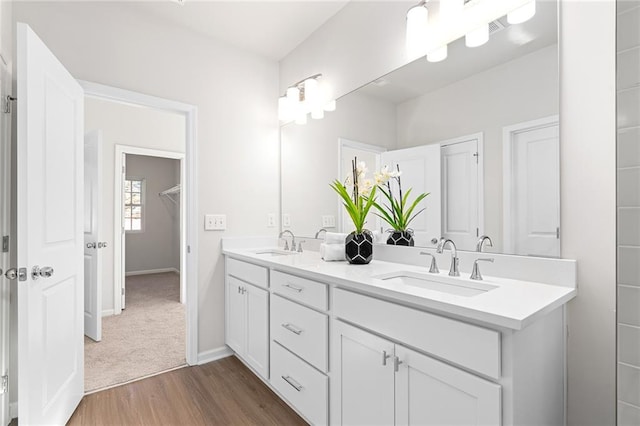 bathroom with vanity and wood-type flooring