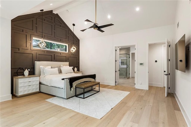 bedroom featuring ceiling fan, high vaulted ceiling, beam ceiling, and light hardwood / wood-style floors