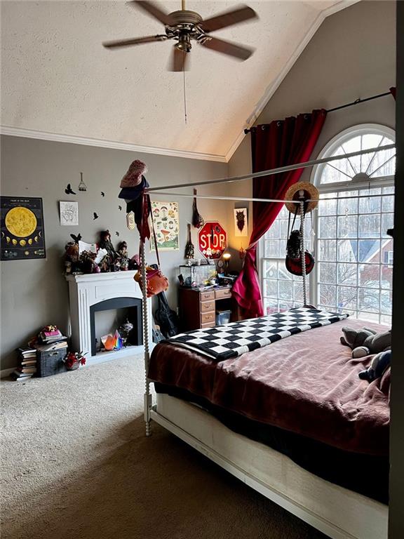 carpeted bedroom featuring vaulted ceiling, ornamental molding, and ceiling fan