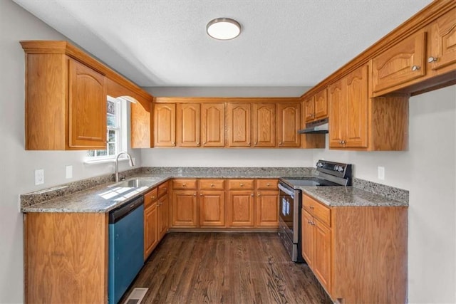 kitchen with dishwasher, dark wood-type flooring, stainless steel range with electric cooktop, under cabinet range hood, and a sink