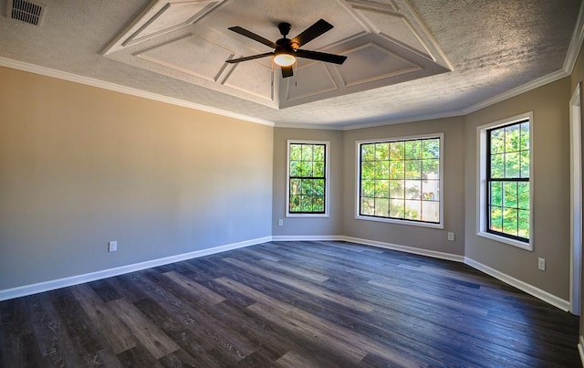 empty room featuring ceiling fan, a textured ceiling, crown molding, and dark hardwood / wood-style flooring