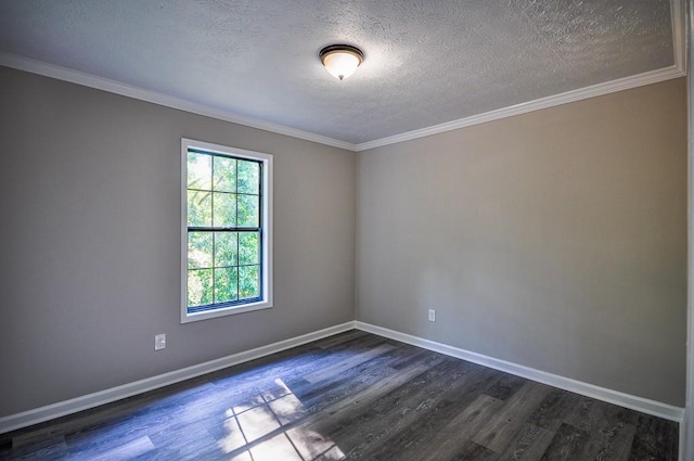 spare room featuring a textured ceiling, crown molding, and dark hardwood / wood-style flooring