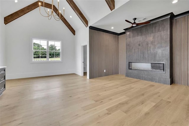 3893 Indian Shoals Rd, Dacula, GA 30019 - unfurnished living room featuring a large fireplace, a ceiling fan, light wood-style flooring, beamed ceiling, and recessed lighting