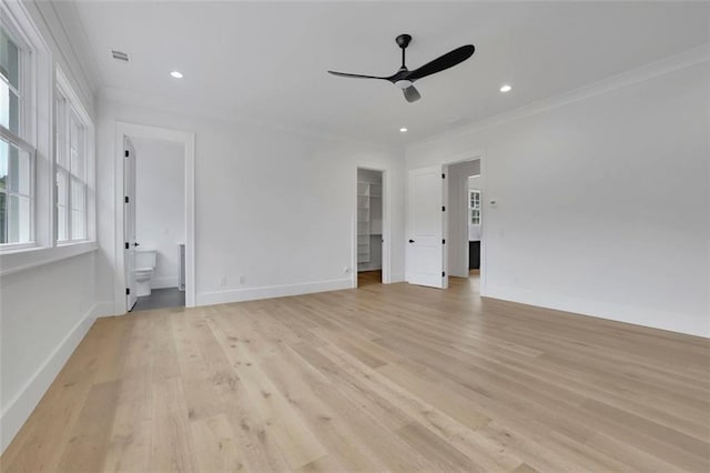 3893 Indian Shoals Rd, Dacula, GA 30019 - unfurnished room featuring ceiling fan, light wood-type flooring, crown molding, and recessed lighting