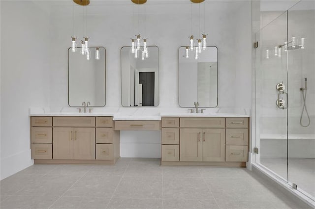 3893 Indian Shoals Rd, Dacula, GA 30019 - full bathroom with a chandelier, a stall shower, and vanity